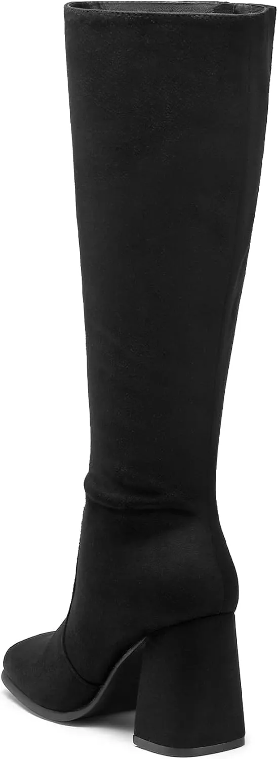 mysoft Women's Knee High Boots Block Chunky Heel Square Toe Tall Boots Side Zipper Long Dress Boots