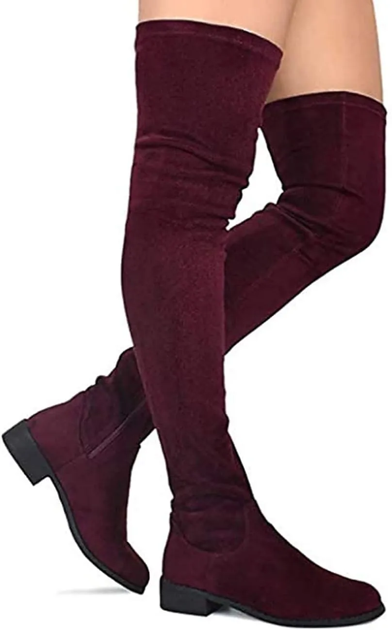 Nature Breeze Olympia 20 Womens Stretchy Thigh High Side Zipper Low Heel Combat Boots
