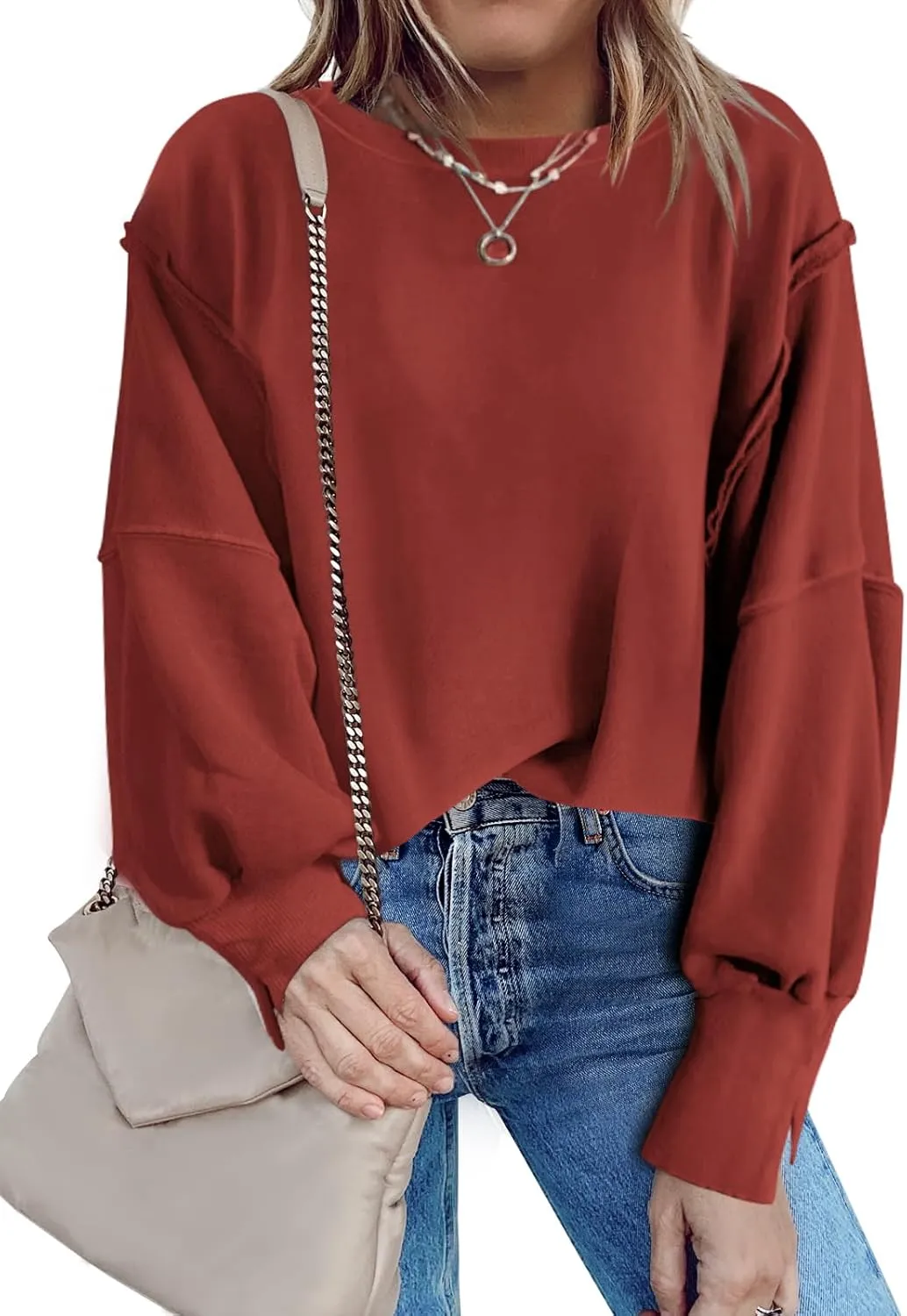 Nirovien Womens Oversized Crewneck Sweatshirt Side Slit Long Sleeve Pullover Slouchy Fit Tops