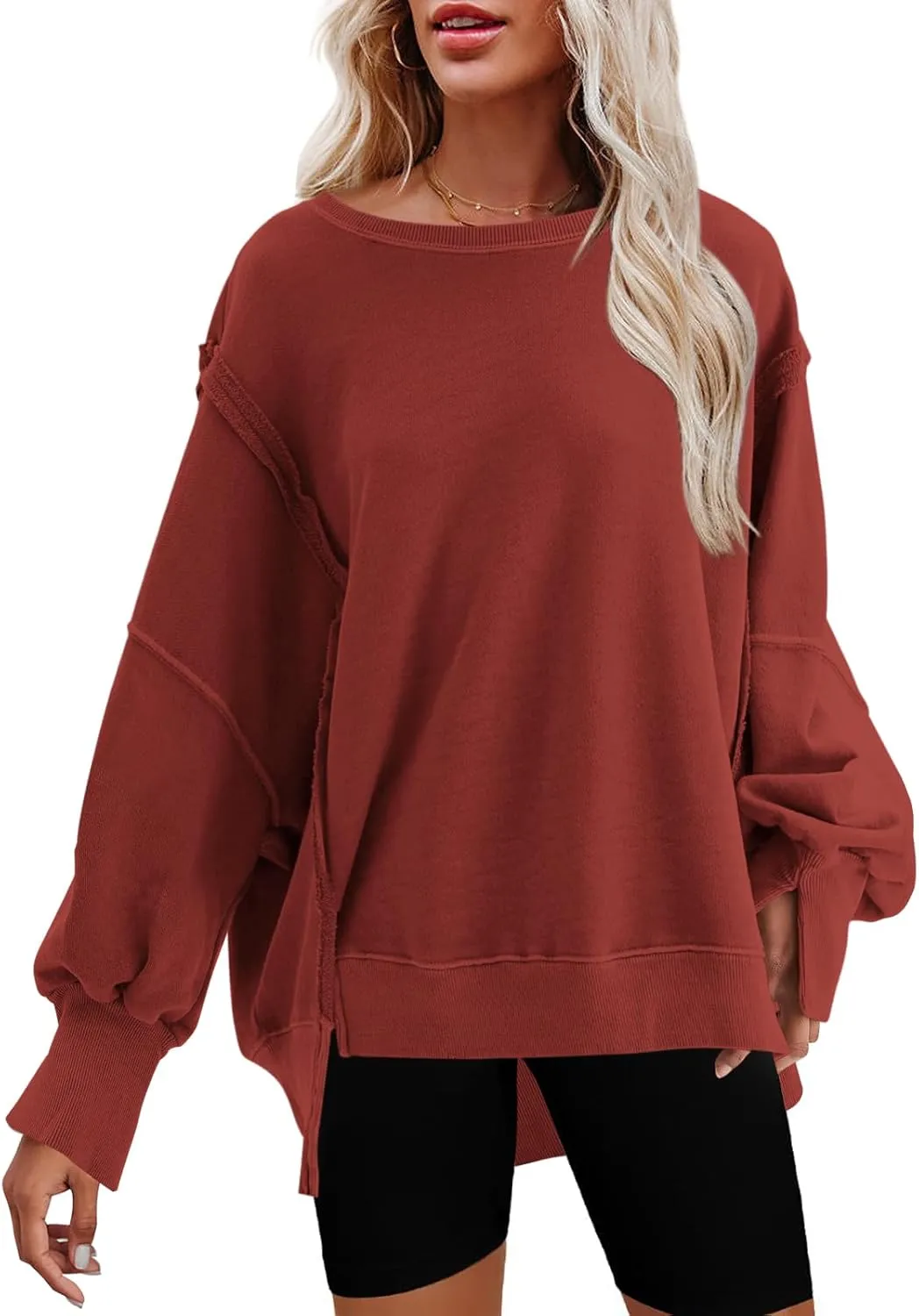 Nirovien Womens Oversized Crewneck Sweatshirt Side Slit Long Sleeve Pullover Slouchy Fit Tops