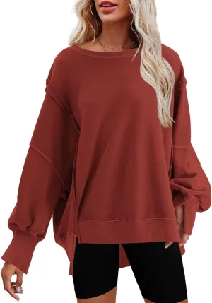 Nirovien Womens Oversized Crewneck Sweatshirt Side Slit Long Sleeve Pullover Slouchy Fit Tops