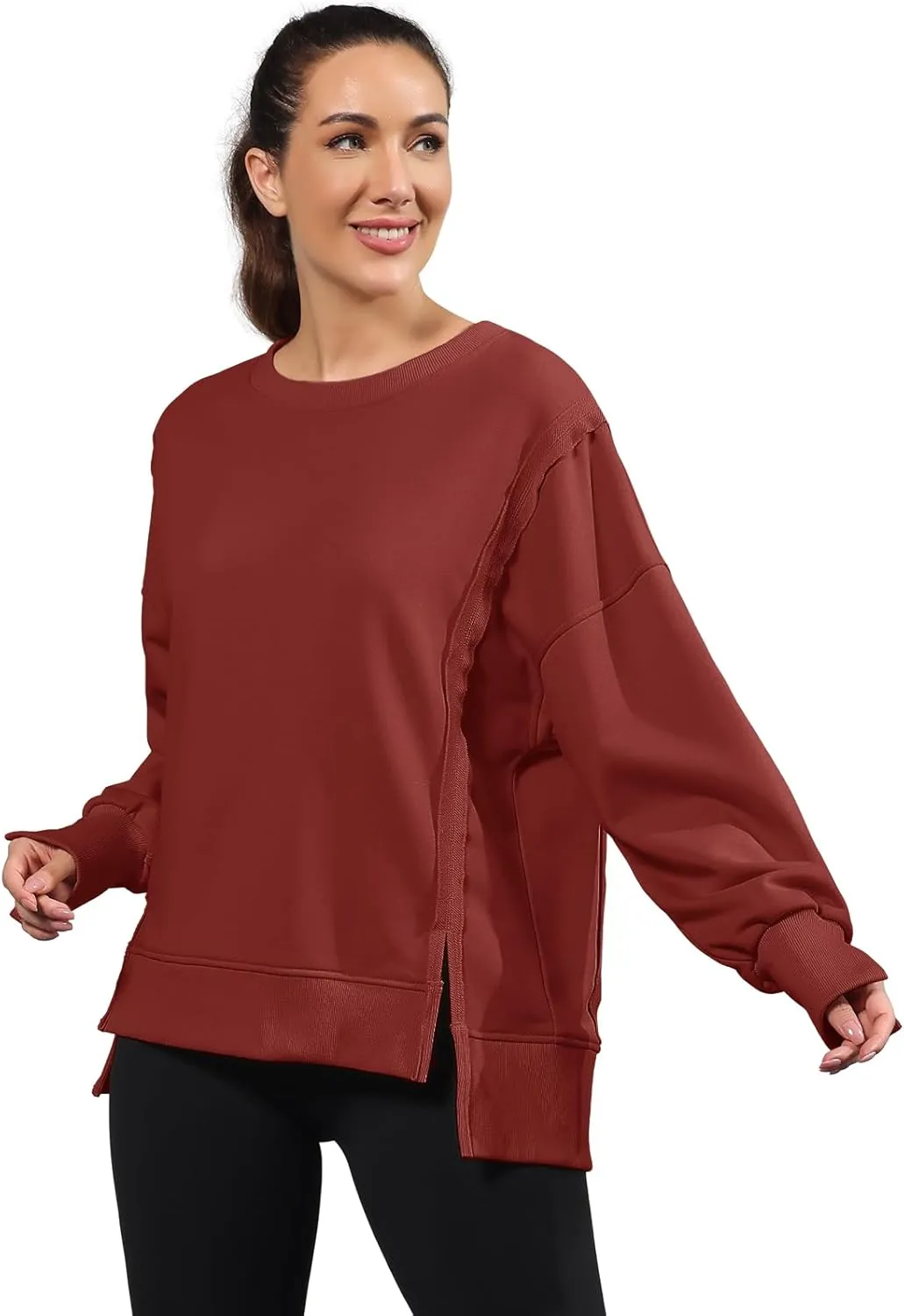Nirovien Womens Oversized Crewneck Sweatshirt Side Slit Long Sleeve Pullover Slouchy Fit Tops