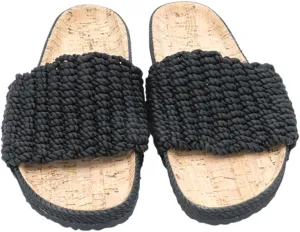 Nomadic State of Mind Cork Footbed Slide Sandals, Arch Support Slip-Ons, Lightweight Handmade Sustainable Rope Shoes, Men Women Unisex (Black)