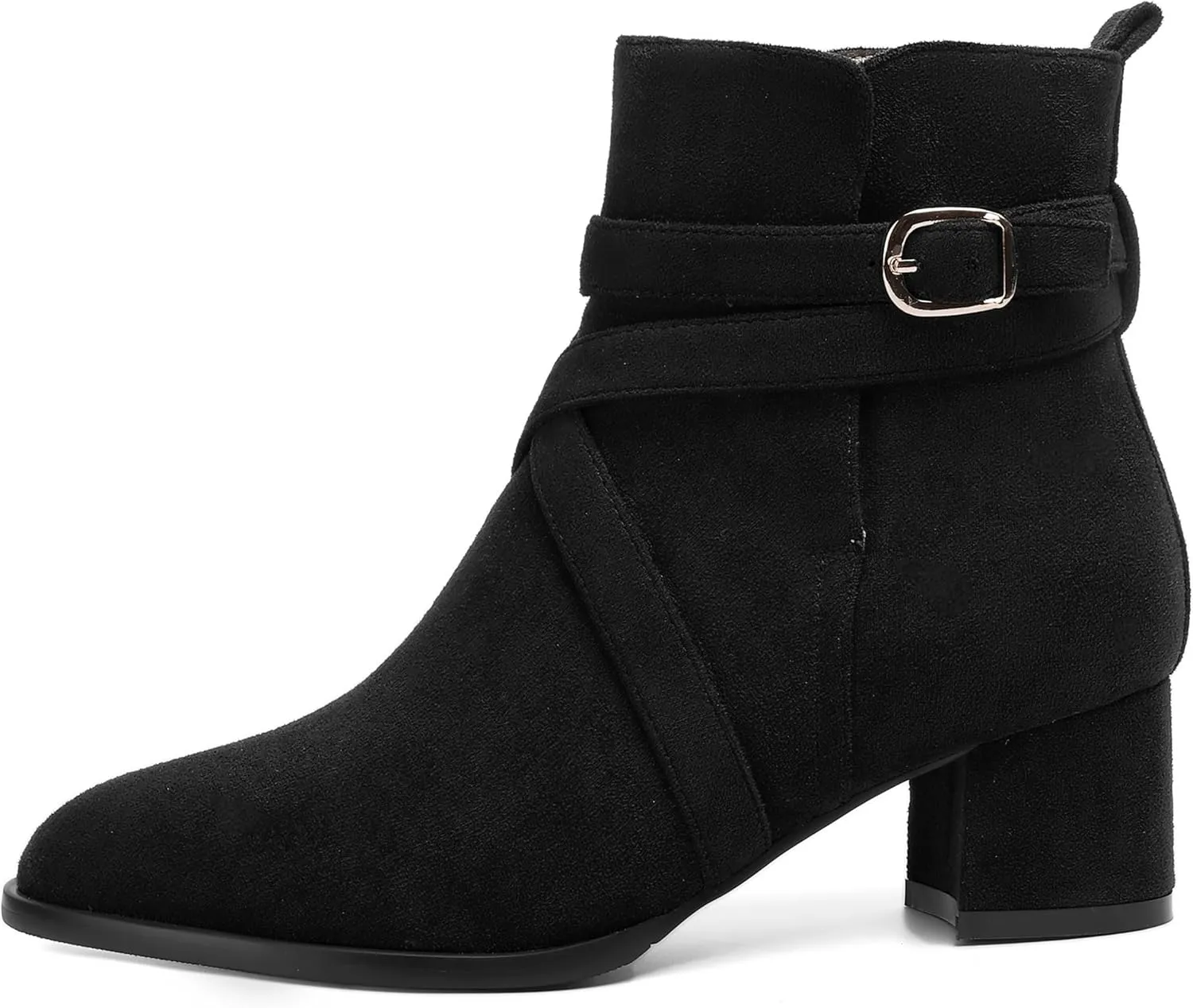 NUMALEO Womens Buckle Outdoor Suede Casual Round Toe Chunky Low Heel Ankle High Boots 2 Inch