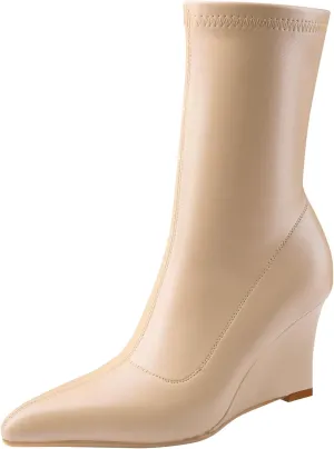 Oh Mispares Women’s Mid Calf Boots Wedge Heel Pointed Toe Side Zipper Comfortable Ankle Short Boots Closed Toe Elegant Party Dress Booties 3 Inches