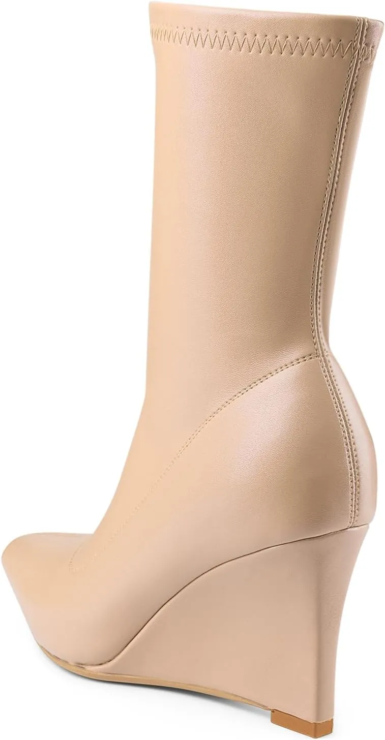 Oh Mispares Women’s Mid Calf Boots Wedge Heel Pointed Toe Side Zipper Comfortable Ankle Short Boots Closed Toe Elegant Party Dress Booties 3 Inches
