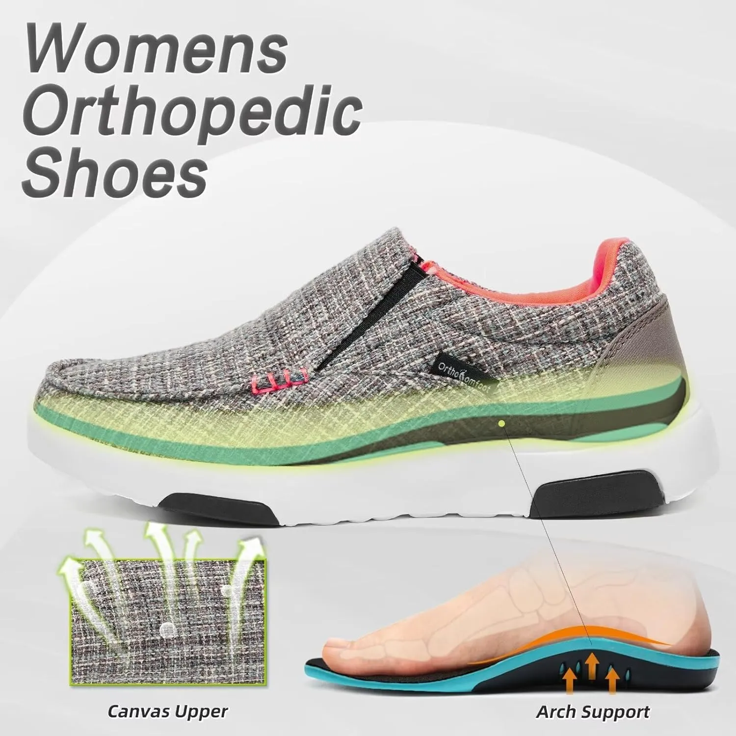 OrthoComfoot Women's Orthopedic Slip-On Loafers Walking Shoes: Comfortable Plantar Fasciitis Loafers with Arch Support for Flat Feet, Casual Orthotic Shoes for Foot and Heel Pain Relief