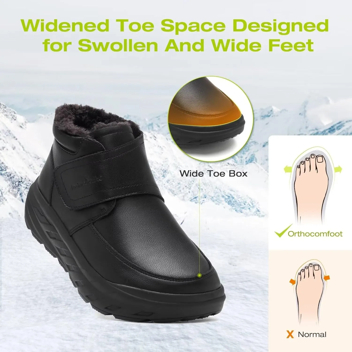 OrthoComfoot Women's Orthopedic Wide Leather Winter Ankle Boots: Comfortable Diabetic Arch Support Dress Shoes for Plantar Fasciitis, Casual Hook and Loop Walking Shoes for Foot and Heel Pain