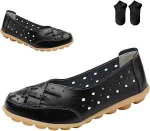 Orthopedic Loafers in Breathable Leather,Womens Casual Soft Sole Hollow Slip On Flat Shoes,Fashion Closed Toe Boat Shoes