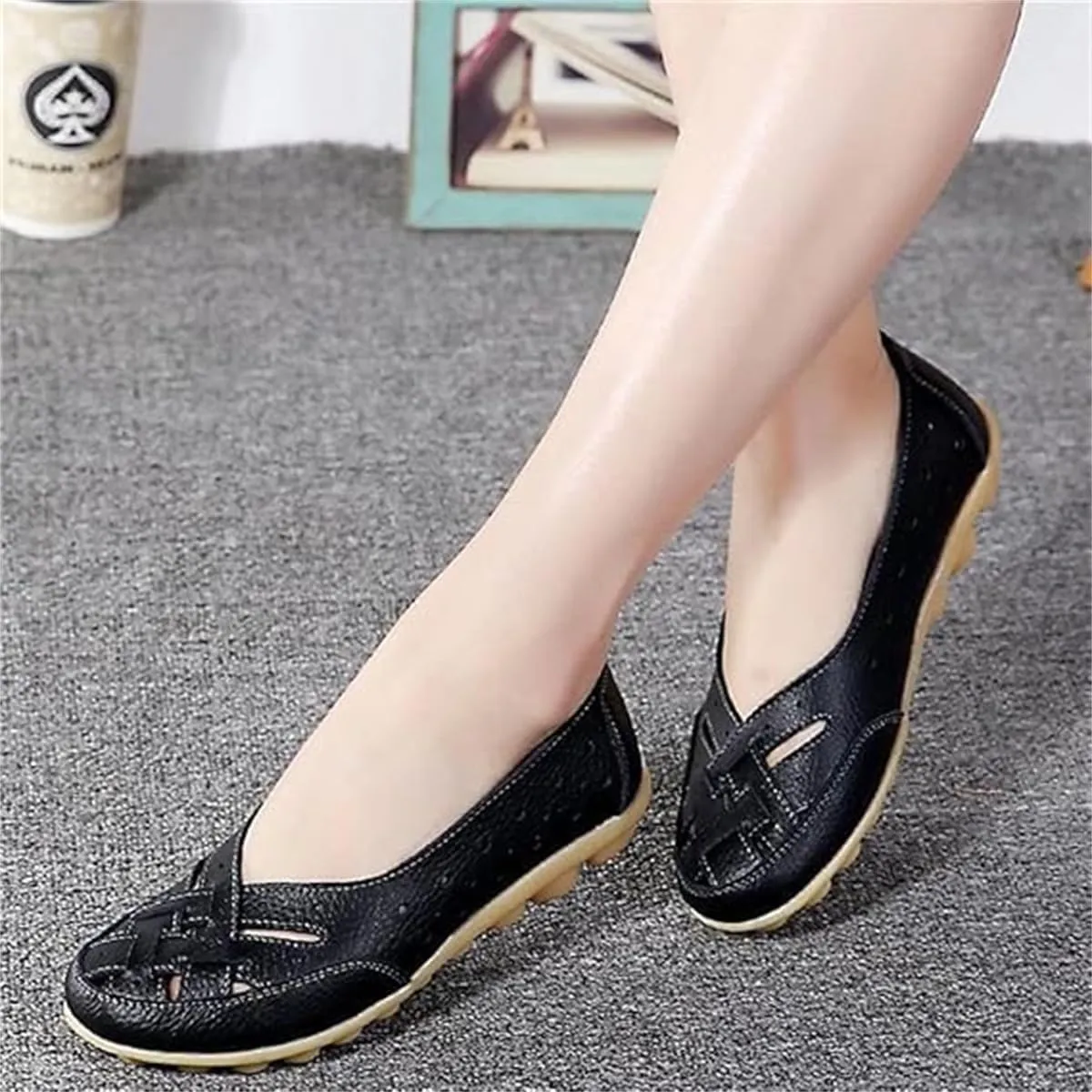 Orthopedic Loafers in Breathable Leather,Womens Casual Soft Sole Hollow Slip On Flat Shoes,Fashion Closed Toe Boat Shoes