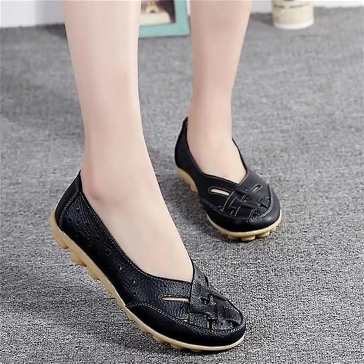 Orthopedic Loafers in Breathable Leather,Womens Casual Soft Sole Hollow Slip On Flat Shoes,Fashion Closed Toe Boat Shoes