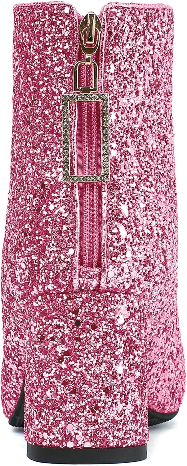 Parisuit Womens Sparkly Sequin Glitter Ankle Boots Round Square Toe Chunky Heeled Back Zip Booties