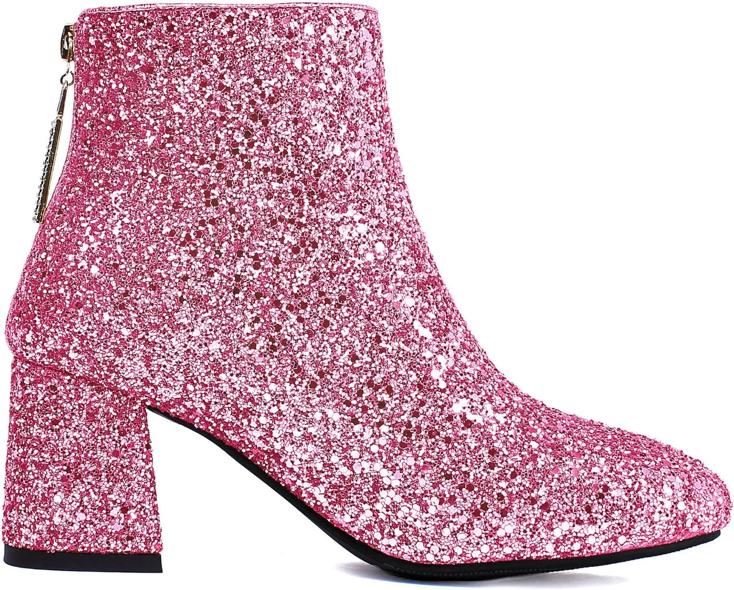 Parisuit Womens Sparkly Sequin Glitter Ankle Boots Round Square Toe Chunky Heeled Back Zip Booties