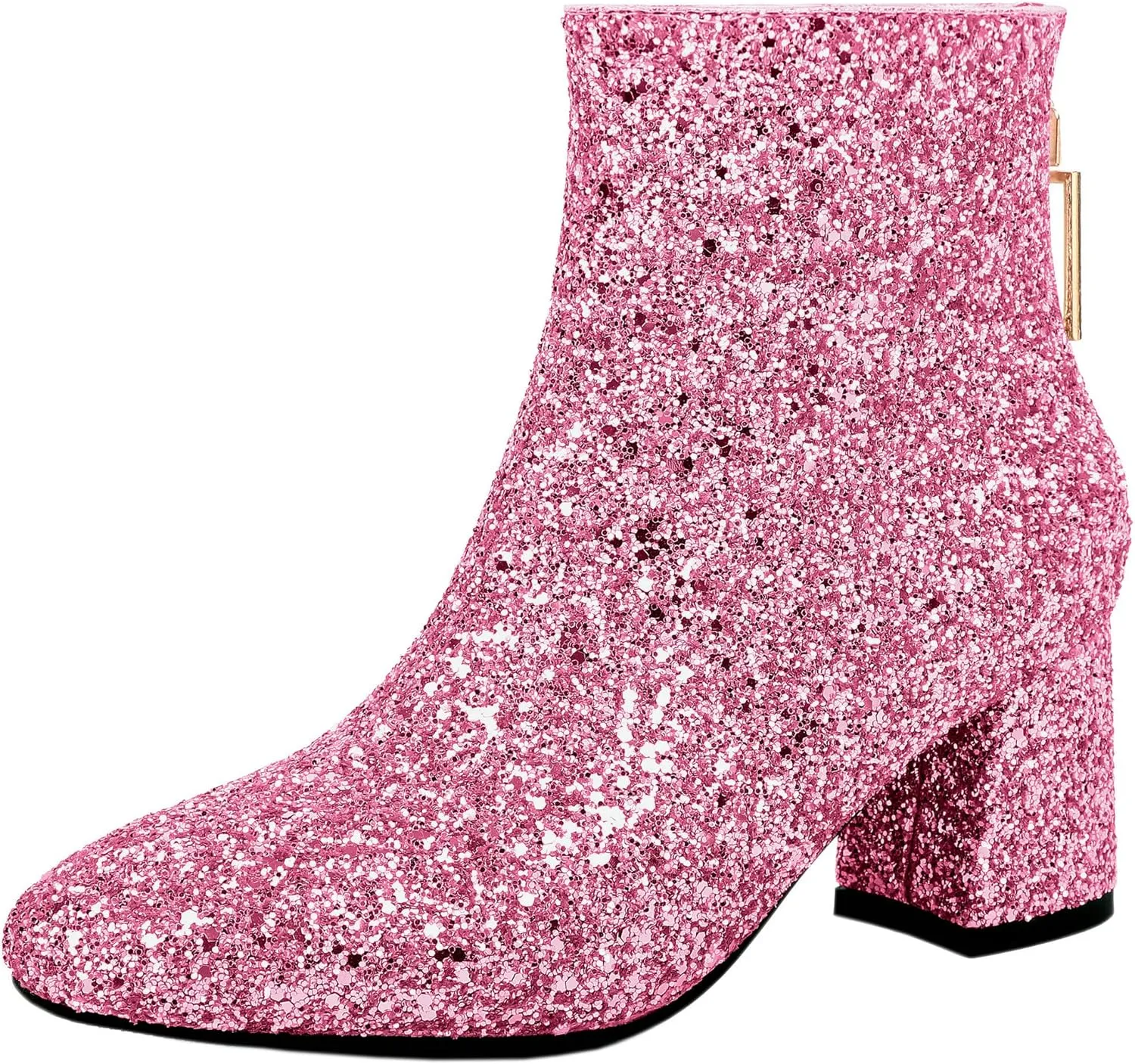 Parisuit Womens Sparkly Sequin Glitter Ankle Boots Round Square Toe Chunky Heeled Back Zip Booties