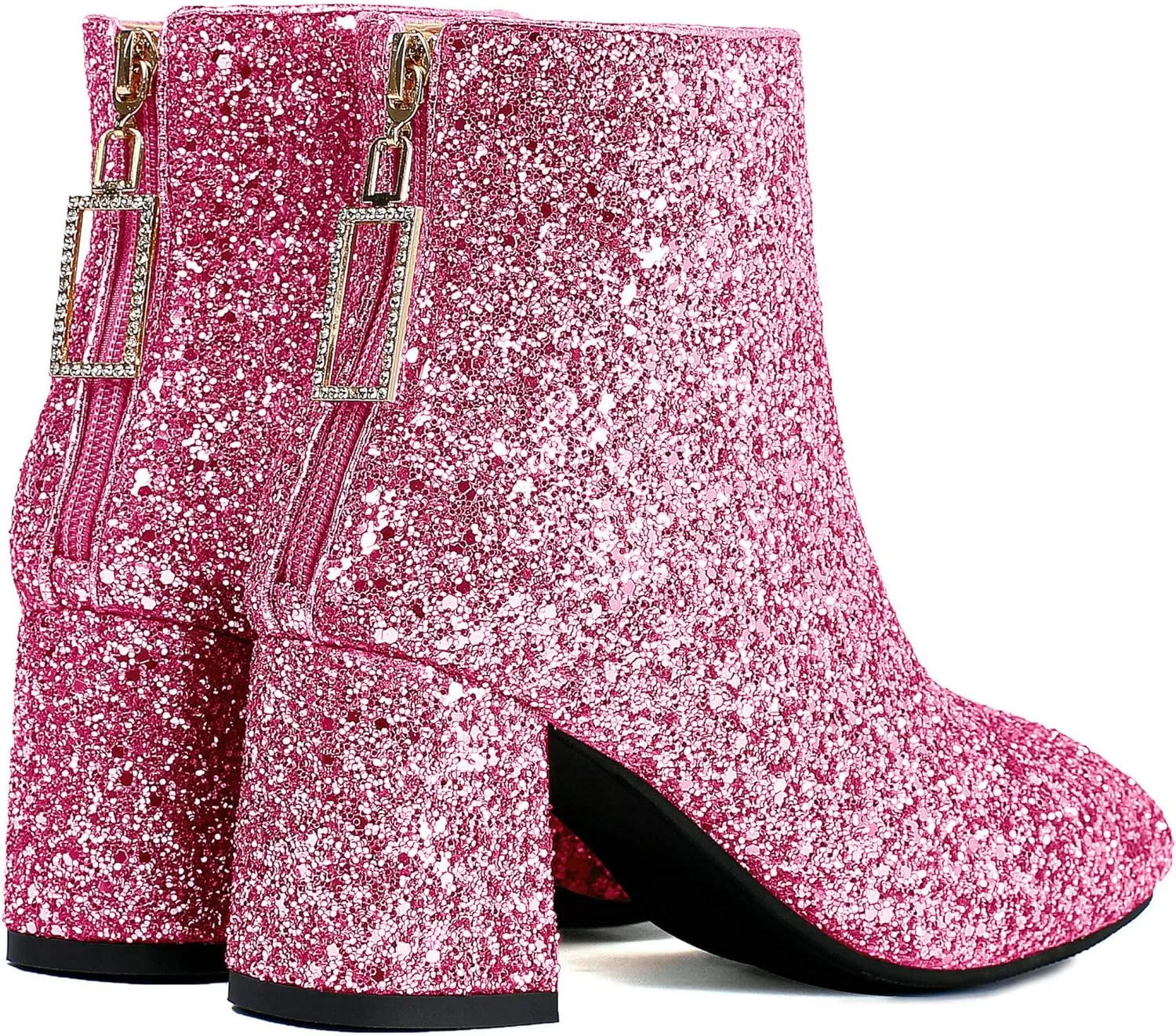 Parisuit Womens Sparkly Sequin Glitter Ankle Boots Round Square Toe Chunky Heeled Back Zip Booties
