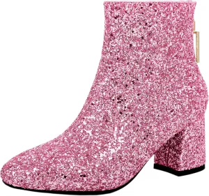 Parisuit Womens Sparkly Sequin Glitter Ankle Boots Round Square Toe Chunky Heeled Back Zip Booties