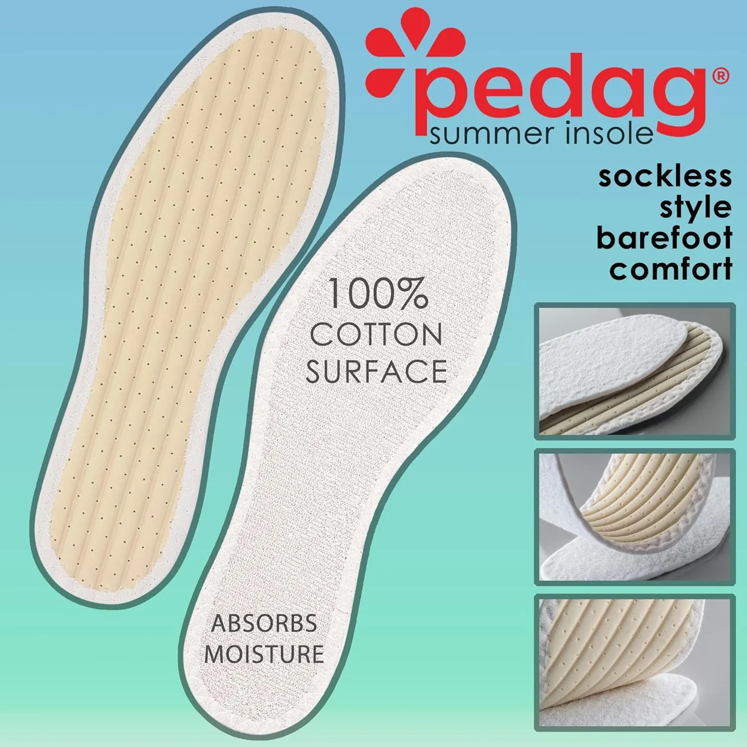 Pedag Summer | Terry Cotton Sockless Insoles | Barefoot Inserts | Handmade in Germany | Absorbs Sweat & Controls Odor | Ideal for Wear Without Socks | Washable | US Women 6/ EU 36 | White | 3 Pair
