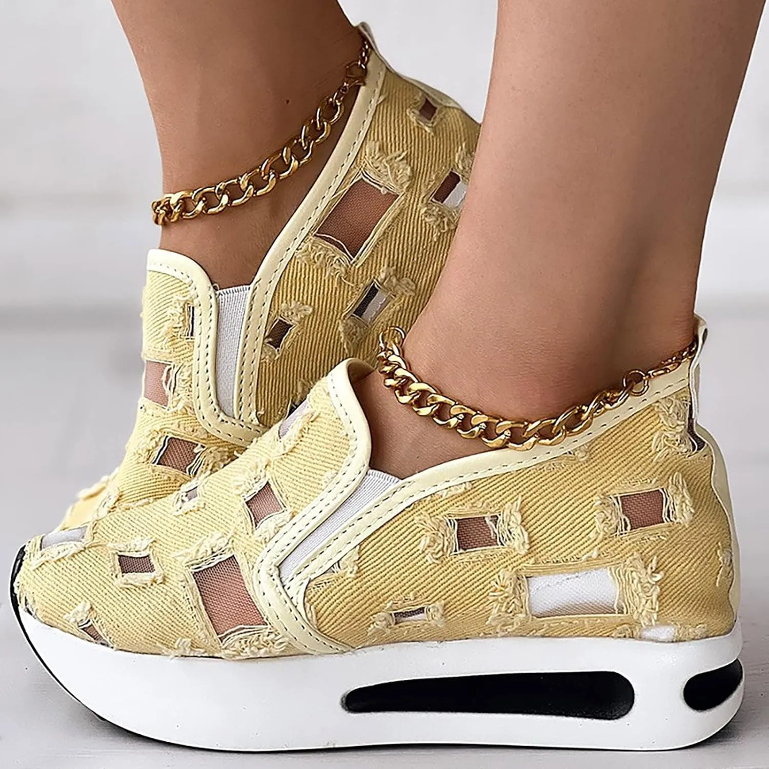 Platform Wedge Sneakers for Women Floral Embroidery Tennis Shoes Sheer Mesh High Heel Slip on Loafers Breathable Chunky Sole Sneaker Dressy Casual Shoes Comfortable Walking Shoe