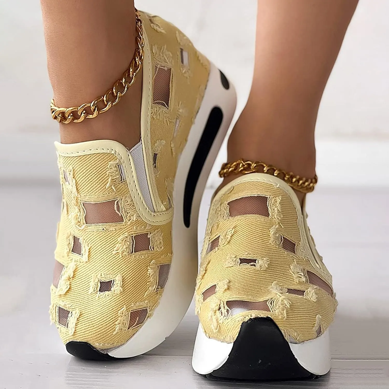 Platform Wedge Sneakers for Women Floral Embroidery Tennis Shoes Sheer Mesh High Heel Slip on Loafers Breathable Chunky Sole Sneaker Dressy Casual Shoes Comfortable Walking Shoe