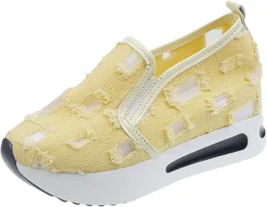 Platform Wedge Sneakers for Women Floral Embroidery Tennis Shoes Sheer Mesh High Heel Slip on Loafers Breathable Chunky Sole Sneaker Dressy Casual Shoes Comfortable Walking Shoe
