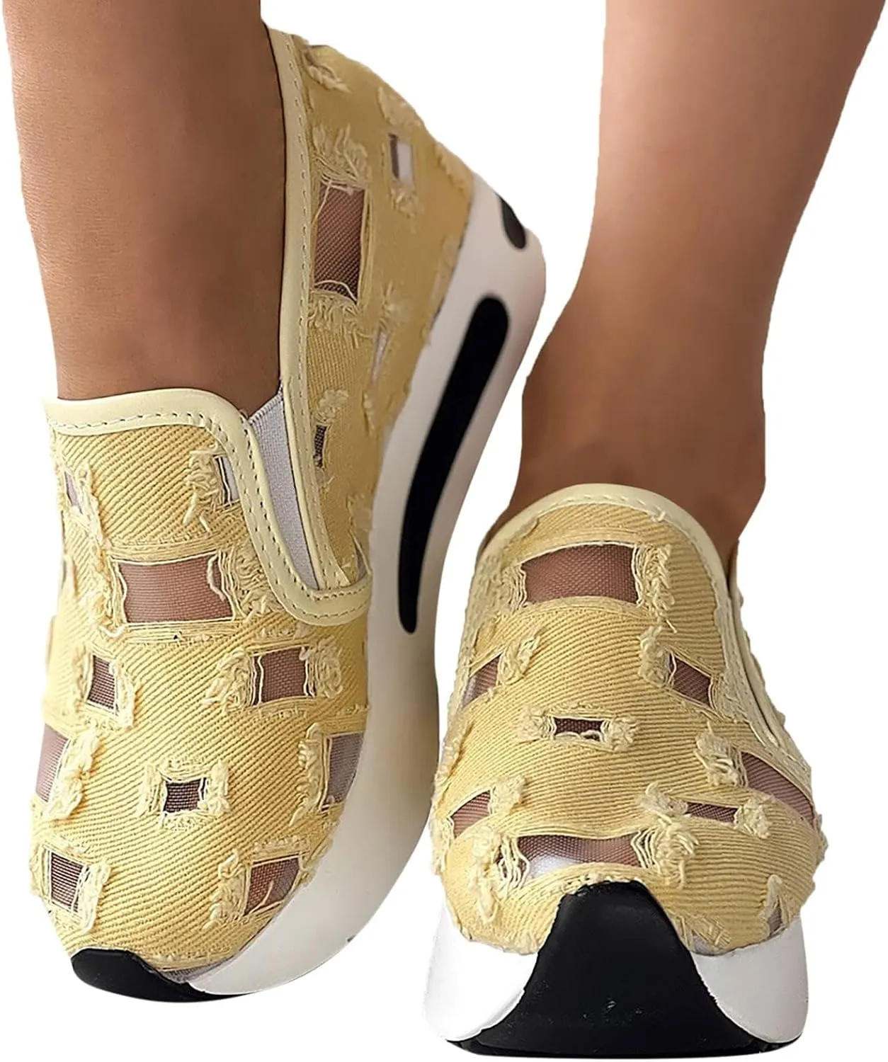 Platform Wedge Sneakers for Women Floral Embroidery Tennis Shoes Sheer Mesh High Heel Slip on Loafers Breathable Chunky Sole Sneaker Dressy Casual Shoes Comfortable Walking Shoe