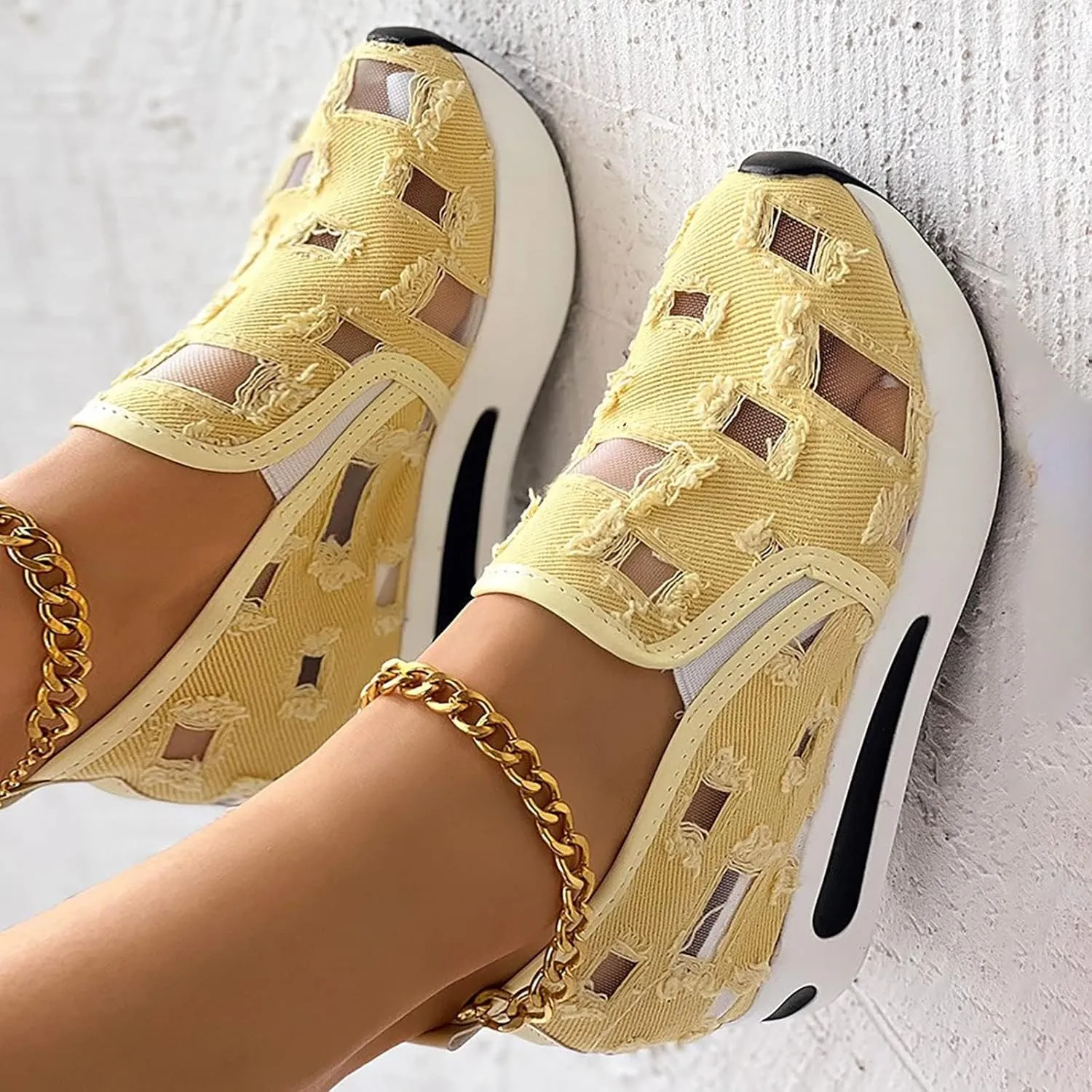 Platform Wedge Sneakers for Women Floral Embroidery Tennis Shoes Sheer Mesh High Heel Slip on Loafers Breathable Chunky Sole Sneaker Dressy Casual Shoes Comfortable Walking Shoe