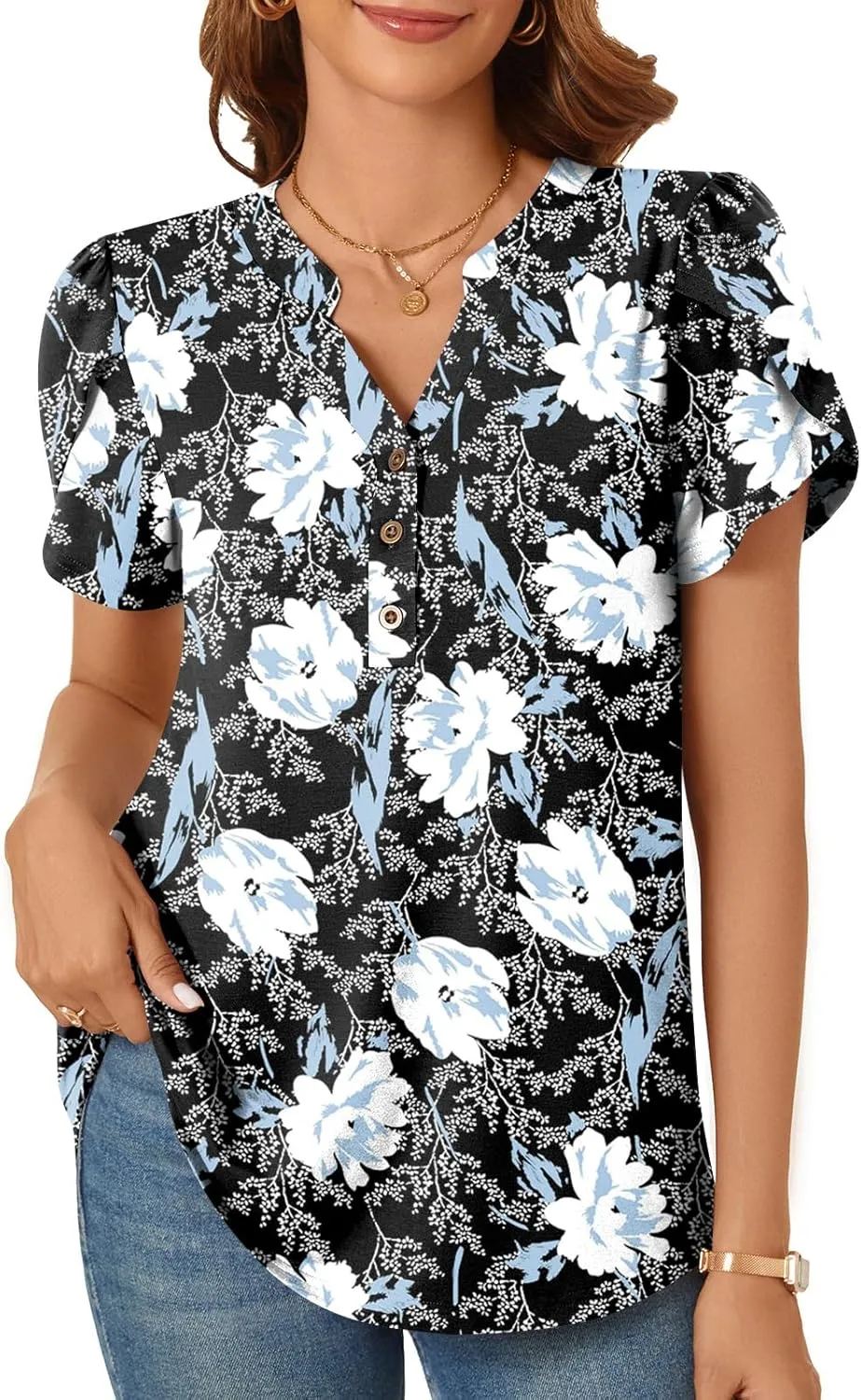 POPYOUNG Womens Plus Size Business Summer Henley Tunic Tops Button Down T-Shirts Petal Sleeve V-Neck Casual Blouses