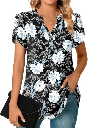 POPYOUNG Womens Plus Size Business Summer Henley Tunic Tops Button Down T-Shirts Petal Sleeve V-Neck Casual Blouses