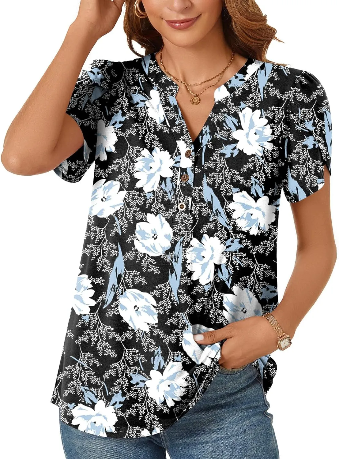 POPYOUNG Womens Plus Size Business Summer Henley Tunic Tops Button Down T-Shirts Petal Sleeve V-Neck Casual Blouses