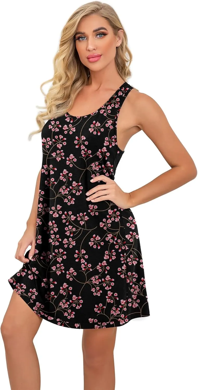 PrinStory Women Sleeveless Nightgowns Racerback Sleepdress Cotton Sleepwear for Women