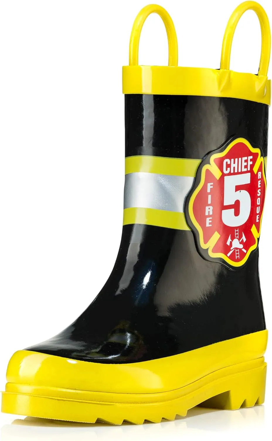 Puddle Play Rubber Rainboots 100% Waterproof - Easy-on Handles Yellow Fire Chief Size 5 Toddler