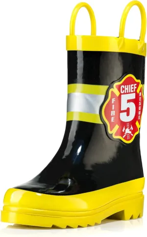 Puddle Play Rubber Rainboots 100% Waterproof - Easy-on Handles Yellow Fire Chief Size 5 Toddler