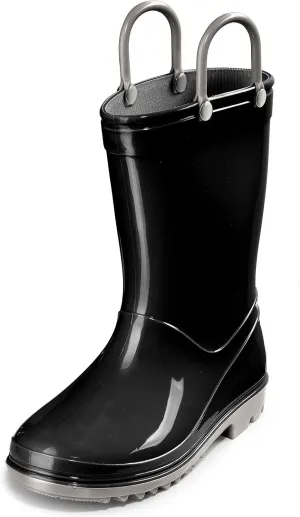 Puddle Play Toddler and Kids Rain Boots with Easy On Handles - Boys and Girls Black and Grey