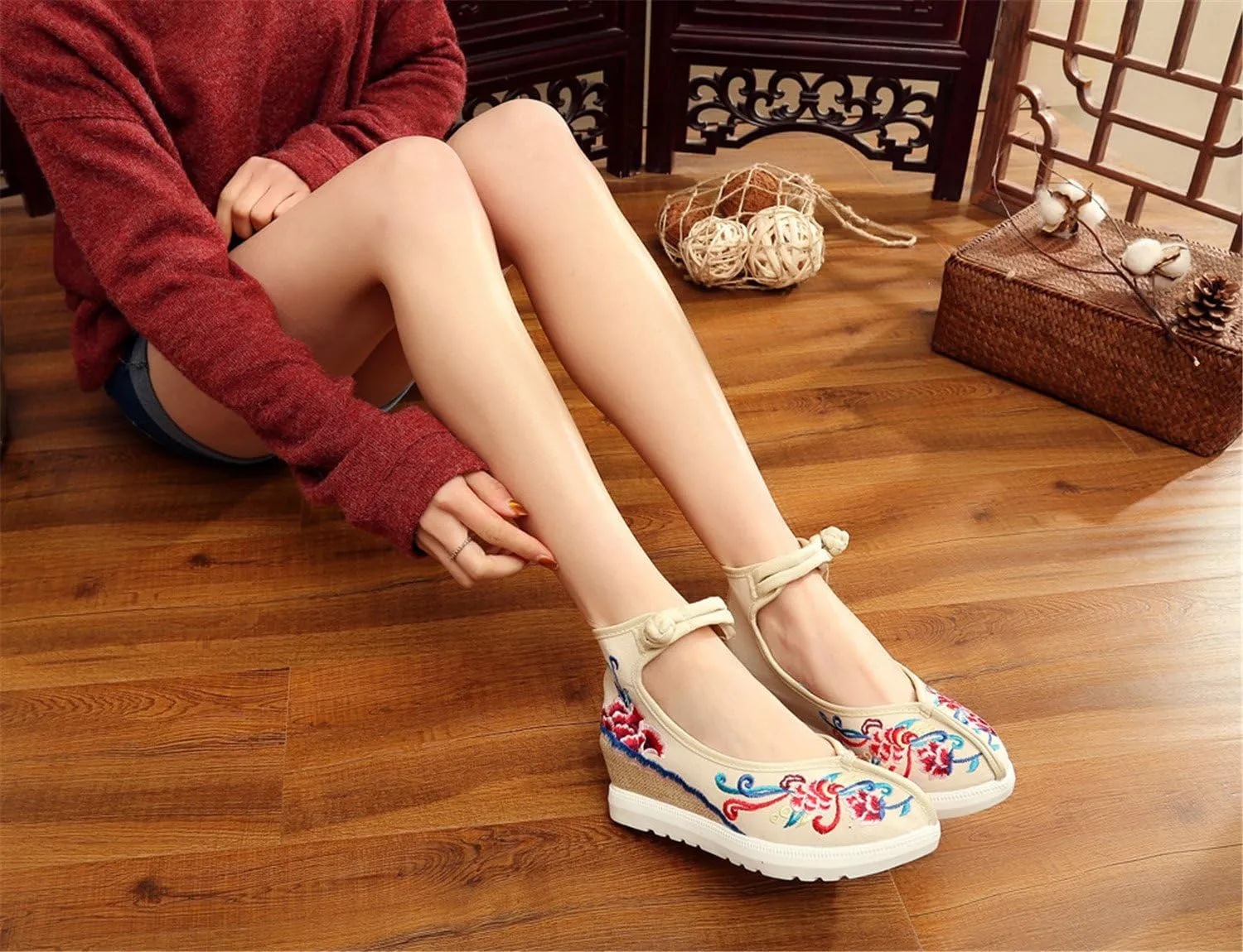 Qhome Women's Floral Embroidery Comfortable Casual Walking Canvas Elevator Espadrilles Linen Wedge Shoes