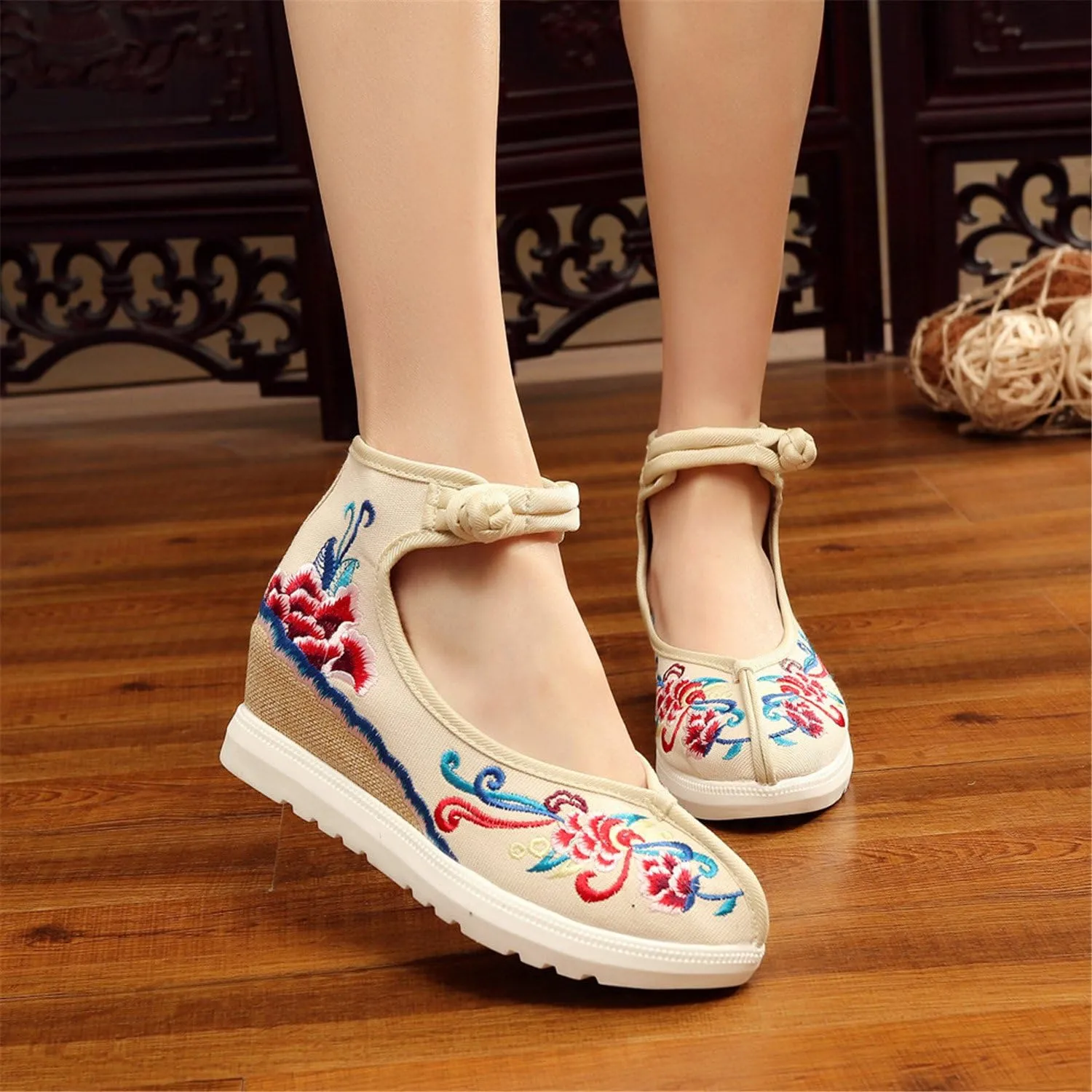 Qhome Women's Floral Embroidery Comfortable Casual Walking Canvas Elevator Espadrilles Linen Wedge Shoes