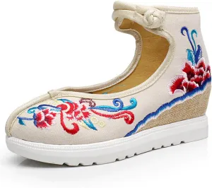 Qhome Women's Floral Embroidery Comfortable Casual Walking Canvas Elevator Espadrilles Linen Wedge Shoes