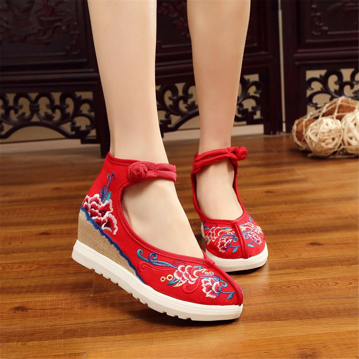 Qhome Women's Floral Embroidery Comfortable Casual Walking Canvas Elevator Espadrilles Linen Wedge Shoes