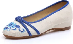 Qhome Women's Floral Embroidery Comfortable Casual Walking Canvas Loafers Espadrilles Wedge Shoes