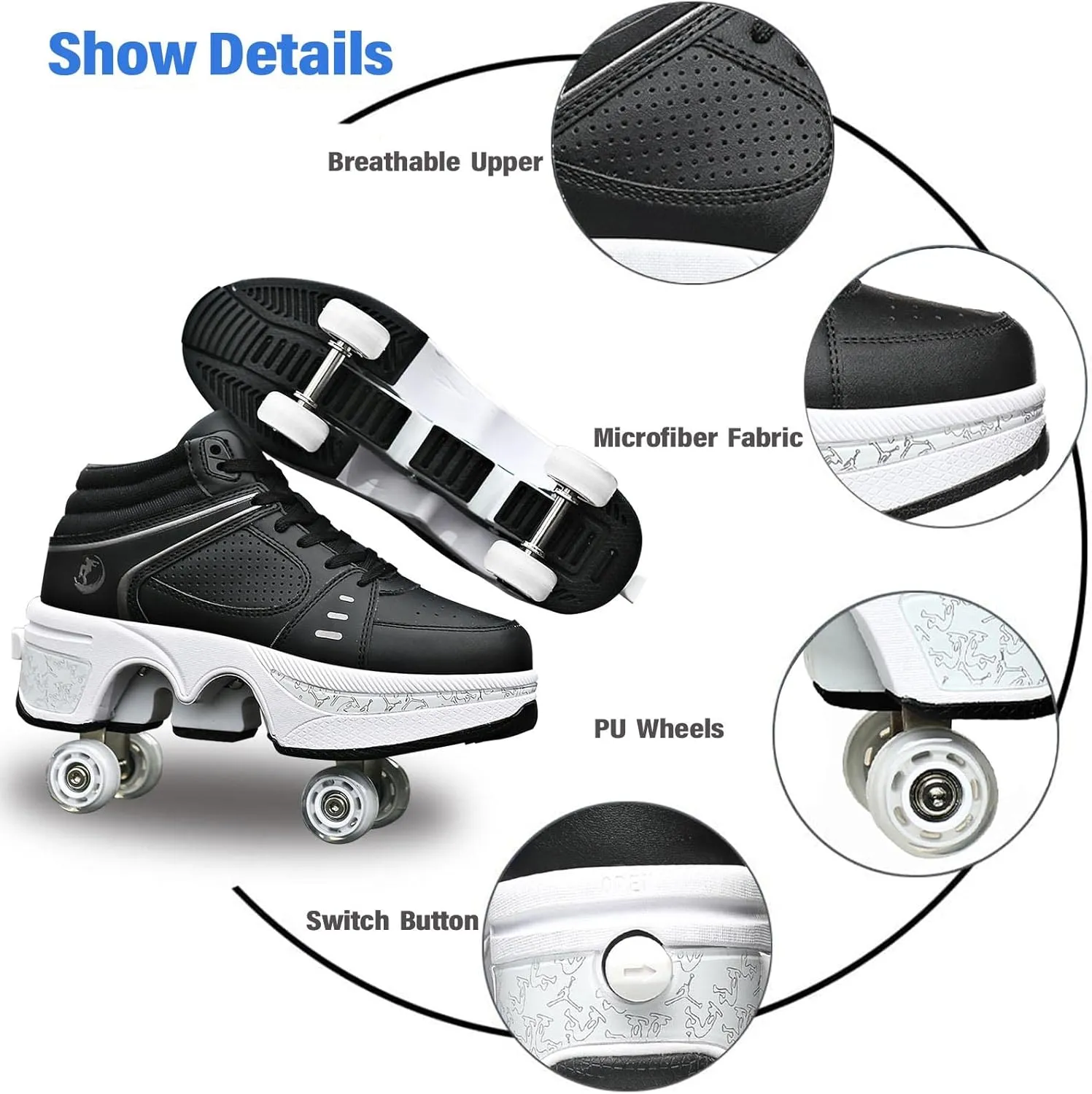 Roller Skate Shoes for Women Four Rounds Children's Roller Skates Shoes That Turn into Rollerskates Sneakers Outdoor Light Shoes with Wheels for Girls/Boys