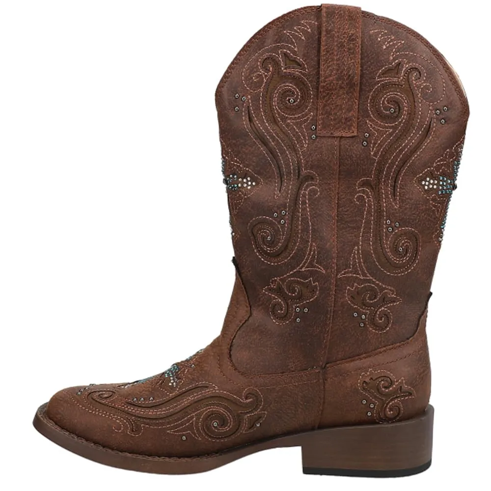 ROPER Womens Faith Rhinestone Square Toe Casual Boots Mid Calf Low Heel 1-2" - Brown - Size 8.5 B
