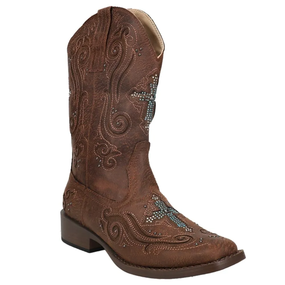 ROPER Womens Faith Rhinestone Square Toe Casual Boots Mid Calf Low Heel 1-2" - Brown - Size 8.5 B