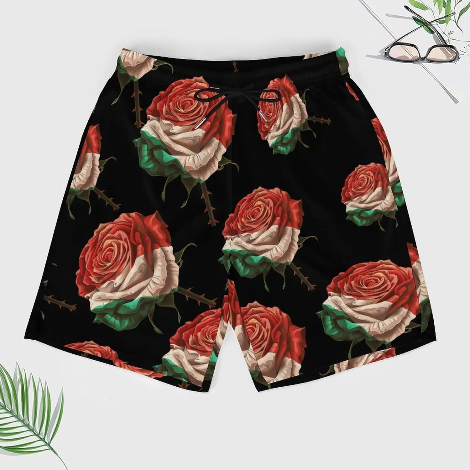 Rose Flower Mexico Flag Men's Swim Trunks Quick Dry Board Shorts Swimwear Beach Shorts with Compression Liner