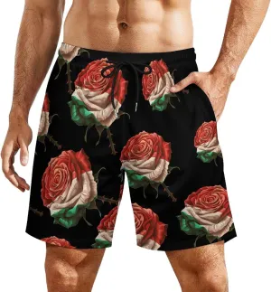 Rose Flower Mexico Flag Men's Swim Trunks Quick Dry Board Shorts Swimwear Beach Shorts with Compression Liner