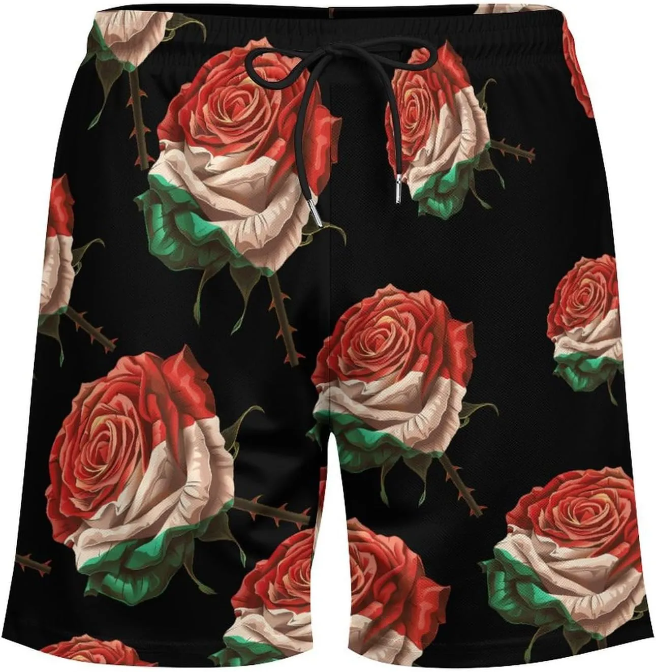 Rose Flower Mexico Flag Men's Swim Trunks Quick Dry Board Shorts Swimwear Beach Shorts with Compression Liner
