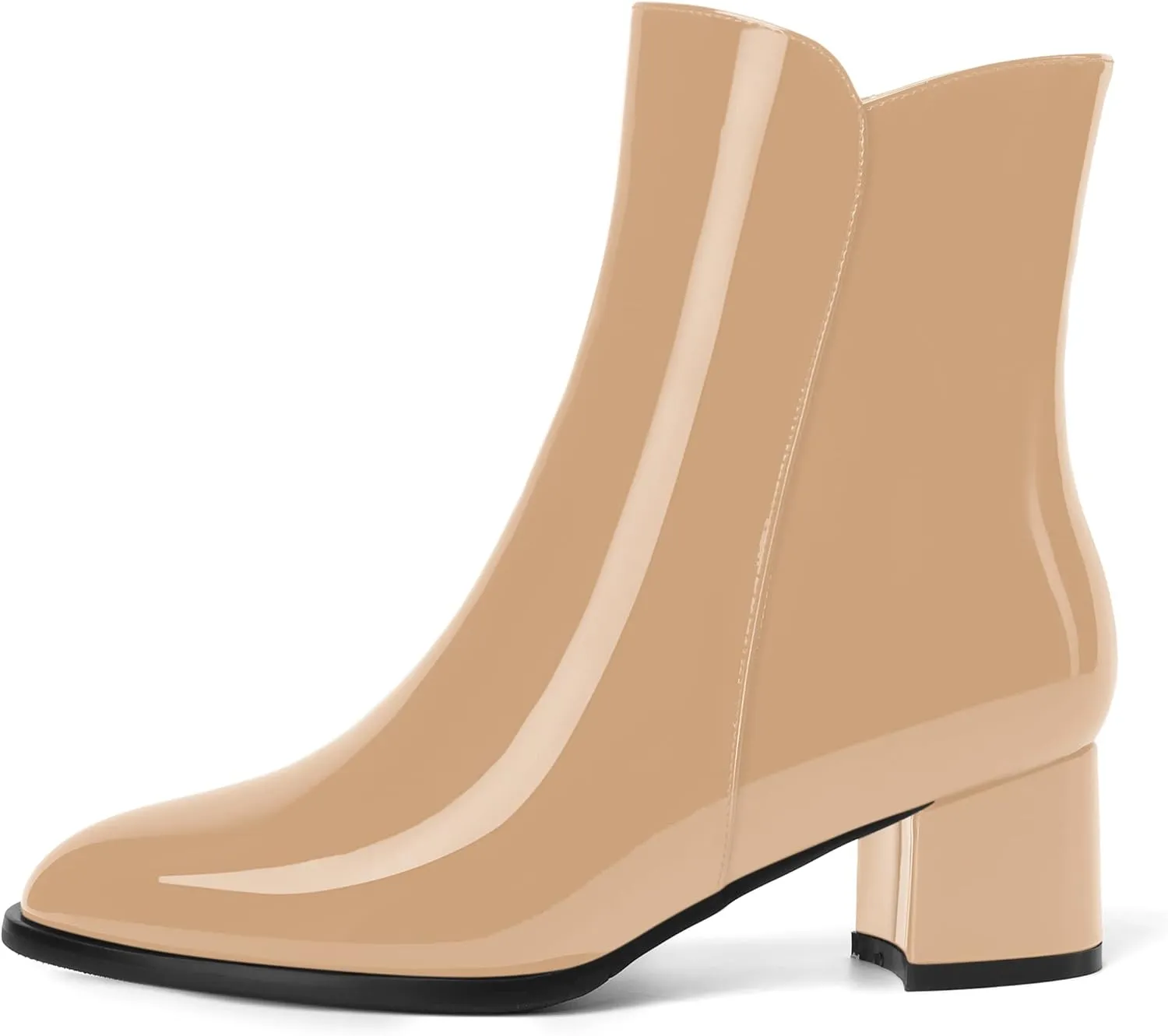ROSERWISH Womens Round Toe Fashion Fall and Winter Side Zip Casual Patent Chunky Low Heel Ankle High Boots 2 Inch