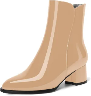 ROSERWISH Womens Round Toe Fashion Fall and Winter Side Zip Casual Patent Chunky Low Heel Ankle High Boots 2 Inch