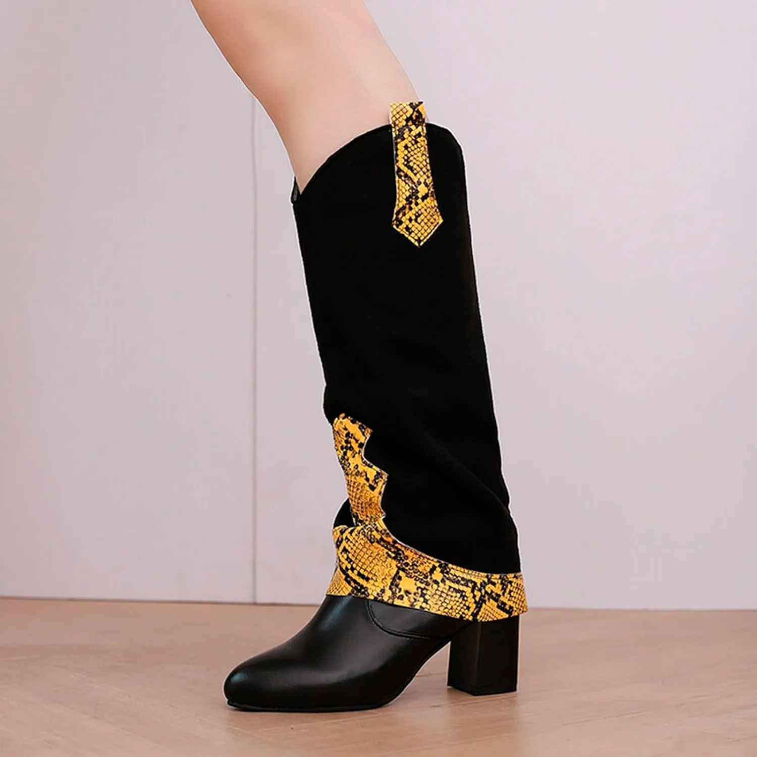 SACFOF Boots for Women Snakeskin Western Cowboy Fold Over Knee High Boots Winter Chunky Mid Heel Cowgirl Boots