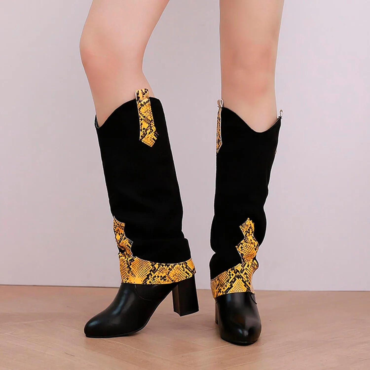 SACFOF Boots for Women Snakeskin Western Cowboy Fold Over Knee High Boots Winter Chunky Mid Heel Cowgirl Boots