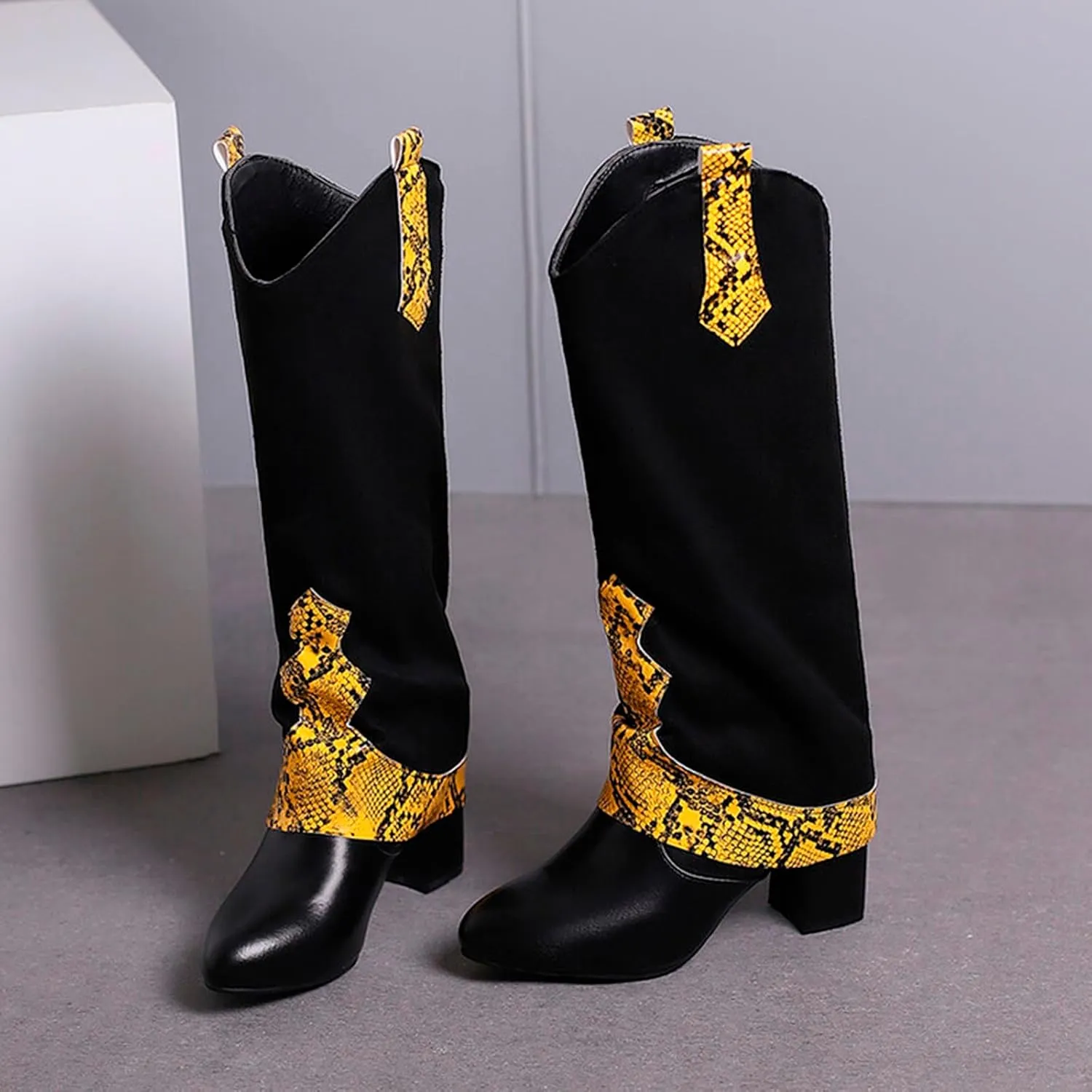 SACFOF Boots for Women Snakeskin Western Cowboy Fold Over Knee High Boots Winter Chunky Mid Heel Cowgirl Boots