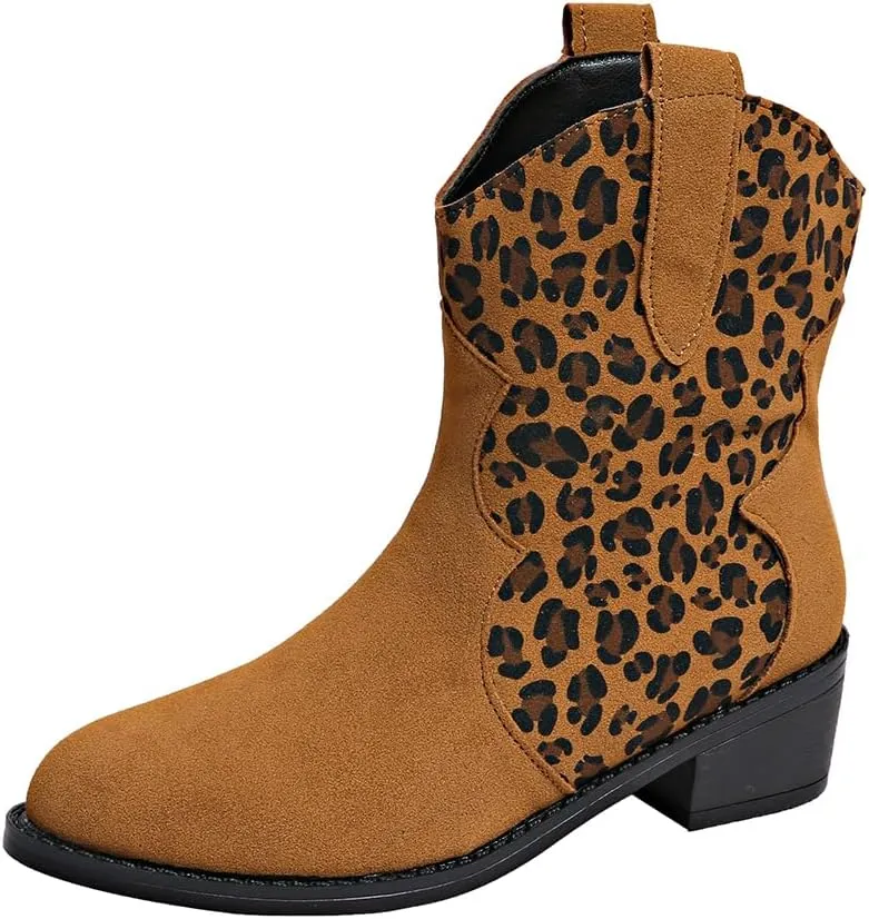 SACFOF Cowboy Boots for Women Booties Stitched Leopard Printed Ankle Cowgirl Short Western Boots